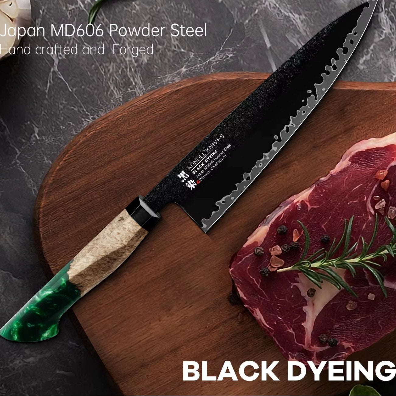 200MM Black Dyeing Chef Knife 3 Layers Composited Steel Japanese MD606 Powder Steel Stabilization Wood Resin Handle Chef Knife