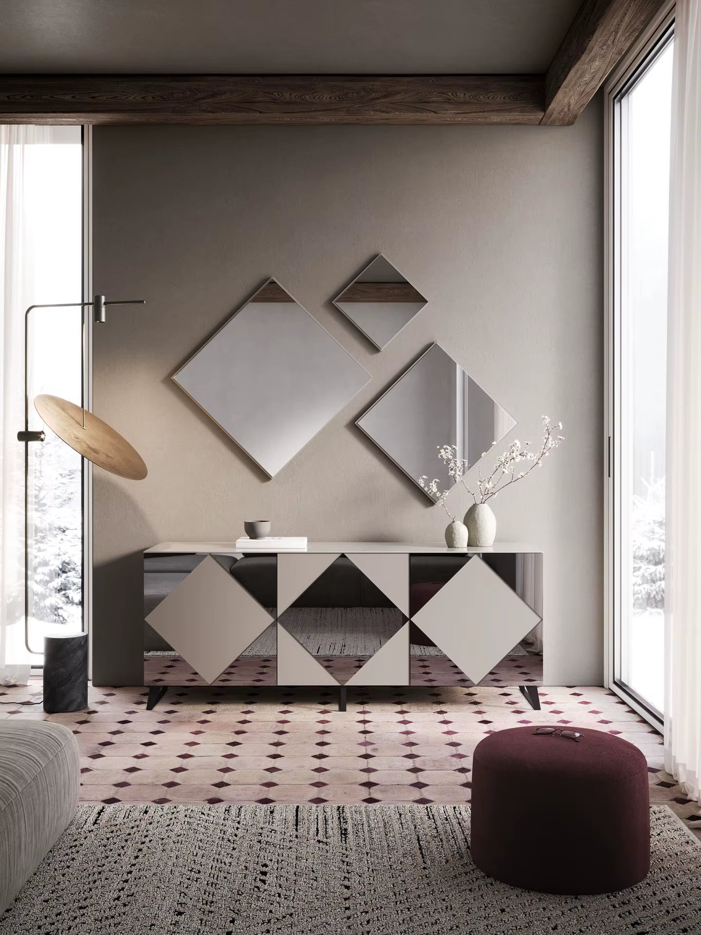 Credenza with 3 Doors with Bronzed Mirrors in Matt Lacquered Mink Finish, Made in Italy Design Furniture