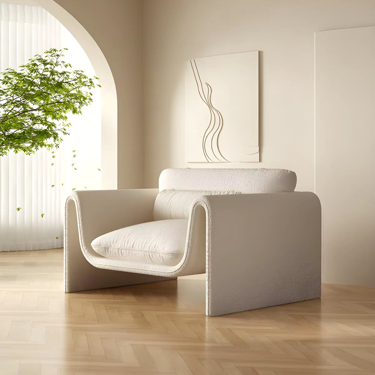 Contemporary Nordic Fabric Two-Seater Sofa in Cream with Wind Design for Small Spaces and Creative Environments