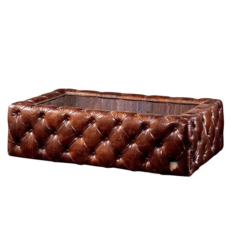 Rustic Chesterfield Elegance Full Leather Coffee Table – Dark Brown Centerpiece for Timeless Interiors