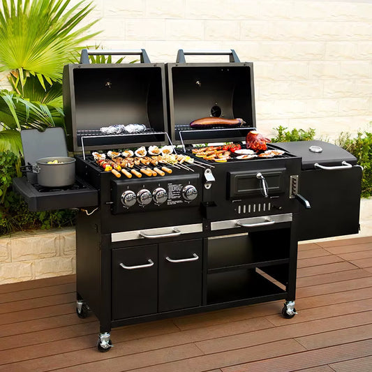 CE 2 in 1 Charcoal and Gas Combo Barbecue BBQ Gas Grills Large Capacity Cooking Area with Thermometer