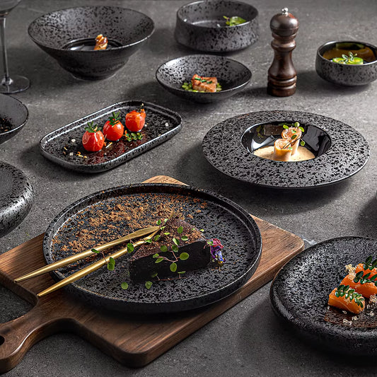 2025 Matte Black Porcelain Assiettes Dinnerware Japanese Speckle Plates Set Dishes for Restaurant Hotel Bowl Ceramic Tableware