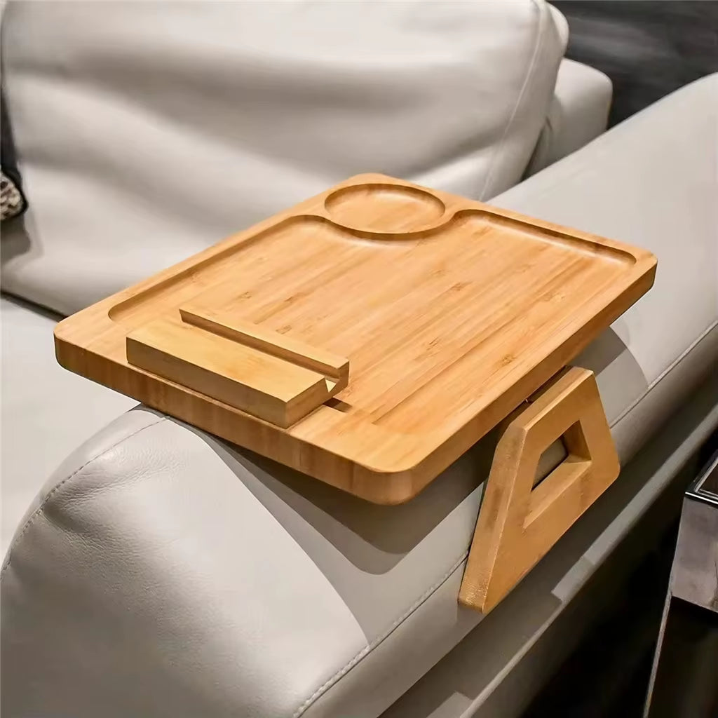 AM Foldable Bamboo Couch Arm Tray Table Couch Sofa Armrest Tray Coffee Side Table with 360 Rotating