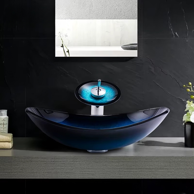 Sleek Boat-Shaped Tempered Glass Sink Set – Blue Countertop Bathroom Lavabo with Waterfall Faucet