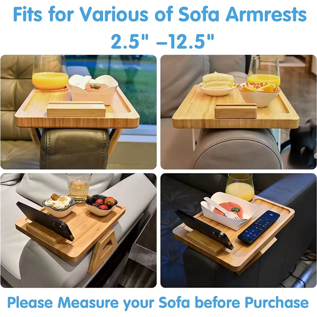 AM Foldable Bamboo Couch Arm Tray Table Couch Sofa Armrest Tray Coffee Side Table with 360 Rotating