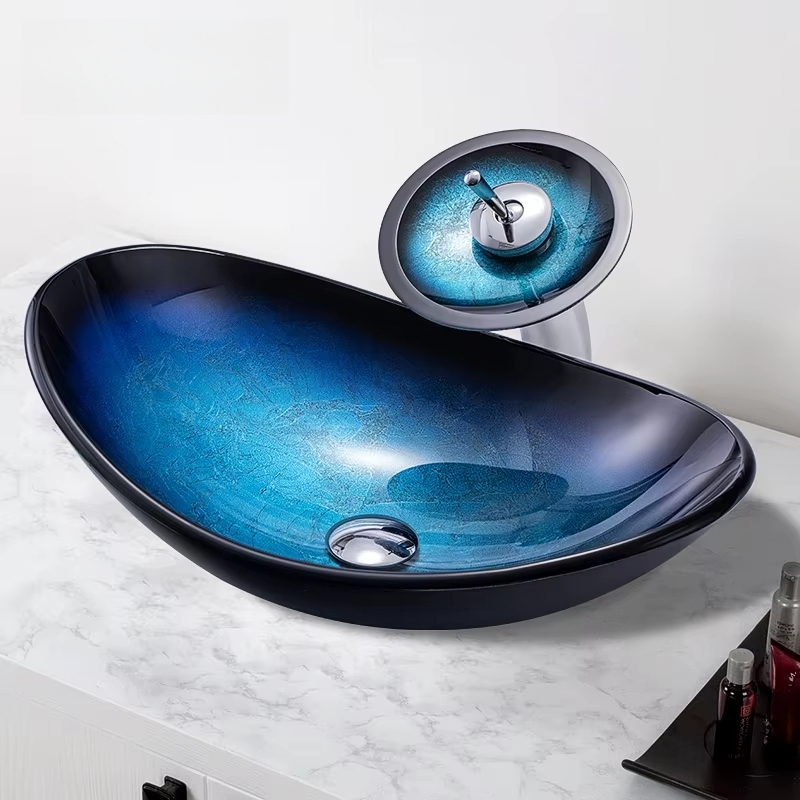 Sleek Boat-Shaped Tempered Glass Sink Set – Blue Countertop Bathroom Lavabo with Waterfall Faucet
