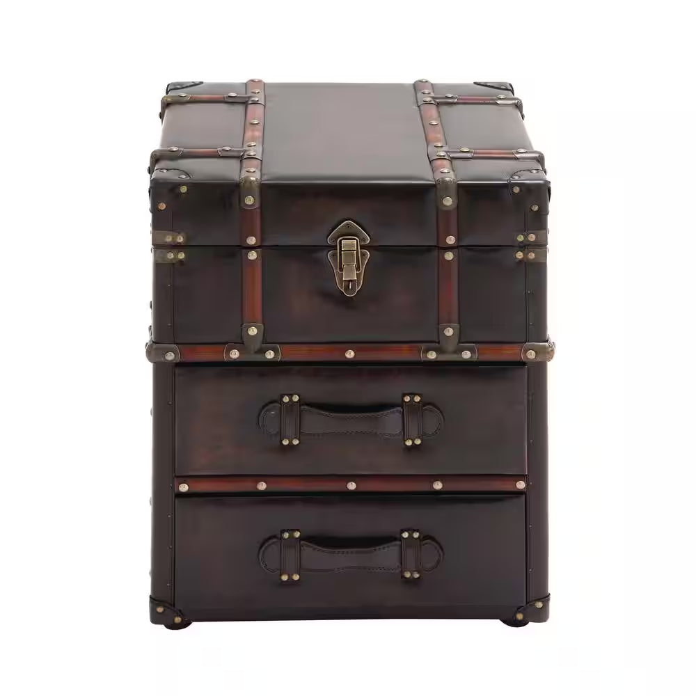 18 In. W Dark Brown Faux Leather Vintage Faux Leather 2 Drawer Cabinet with Buckle Hinged Top
