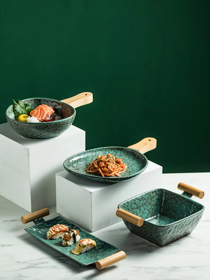 Ceramic Sushi Plate Steak Plates Deep Square Bowl Shallow Dish Restaurant Serving Trays with Wooden Handle