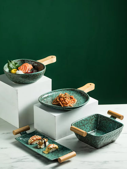 Ceramic Sushi Plate Steak Plates Deep Square Bowl Shallow Dish Restaurant Serving Trays with Wooden Handle