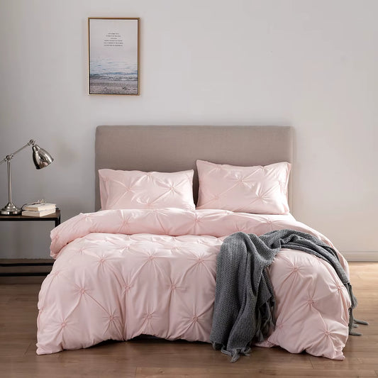 Bohemian Comfy Bedding Set 3Pcs Pinch Pleat Comforter Set All Season Pintuck Style Floral Embroidery Duvet Cover Set