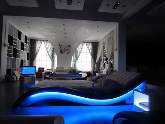 LuxSmart Modern LED Leather King Bed – Bluetooth Music & USB Charging Bed Set for Luxury Bedrooms