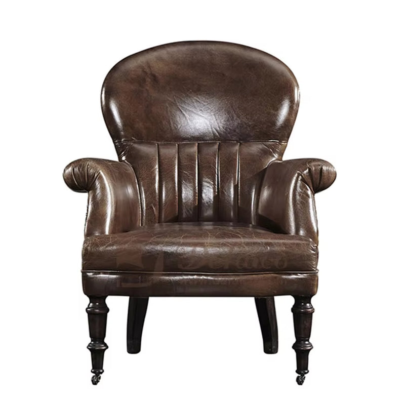 Antique Furniture Leisure Vintage Armchair Leather Single Seater Leather Sofa Chair with Wheels