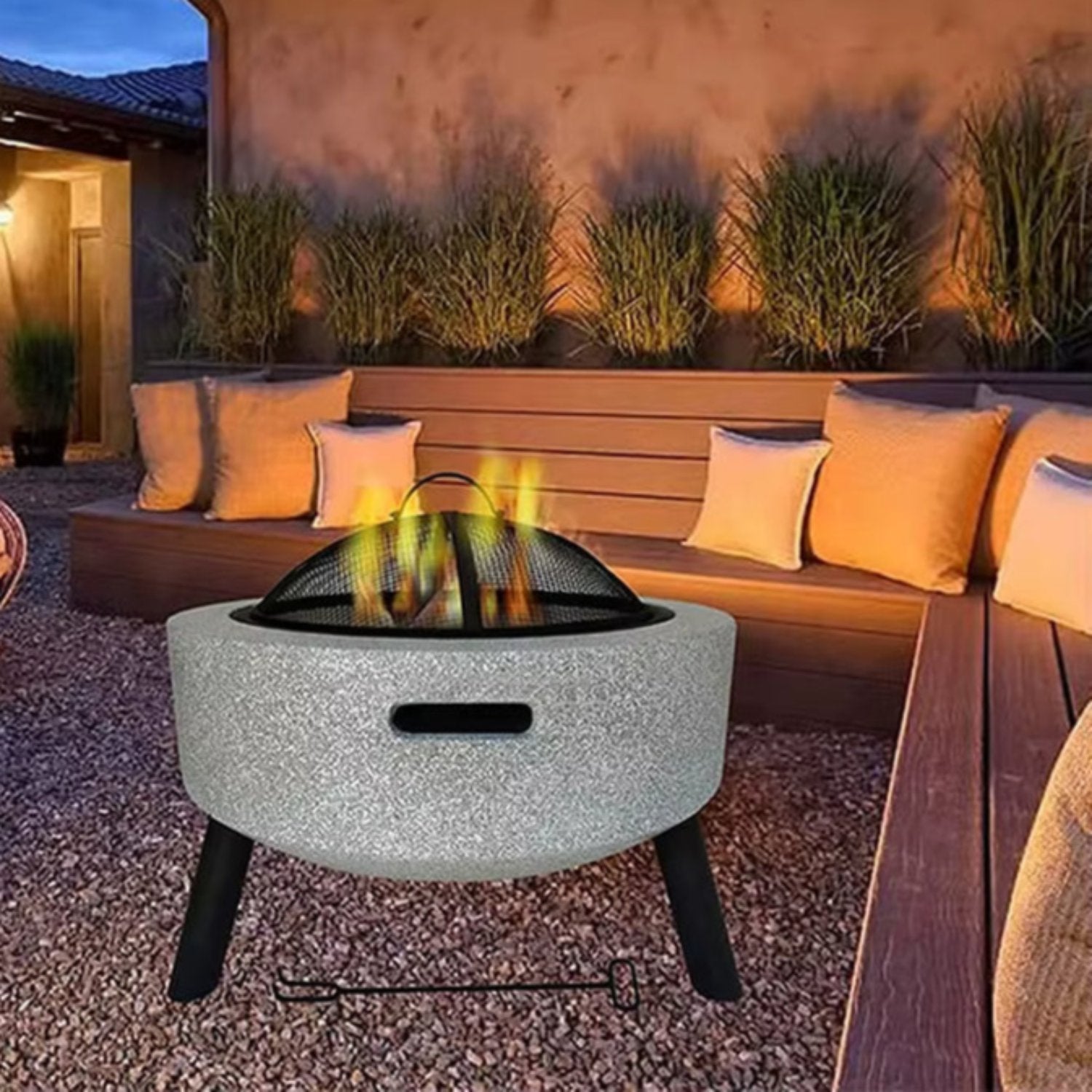 3 in 1 Marble Outdoor Fire Bowl Concrete round Wood Burning Fire Pit with Barbecue Grill Grate