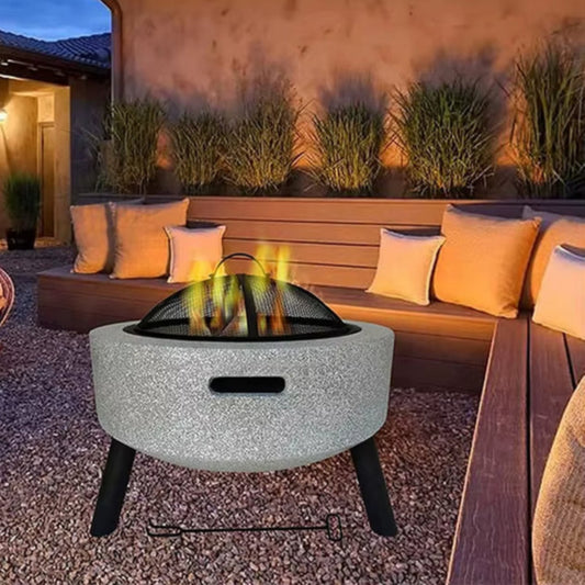 3 in 1 Marble Outdoor Fire Bowl Concrete round Wood Burning Fire Pit with Barbecue Grill Grate