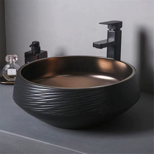 Bathroom Sinks Black above Counter Basin Light Luxury Style Ceramic Washbasin Black Gold Glaze Creative Wash Basin Single B