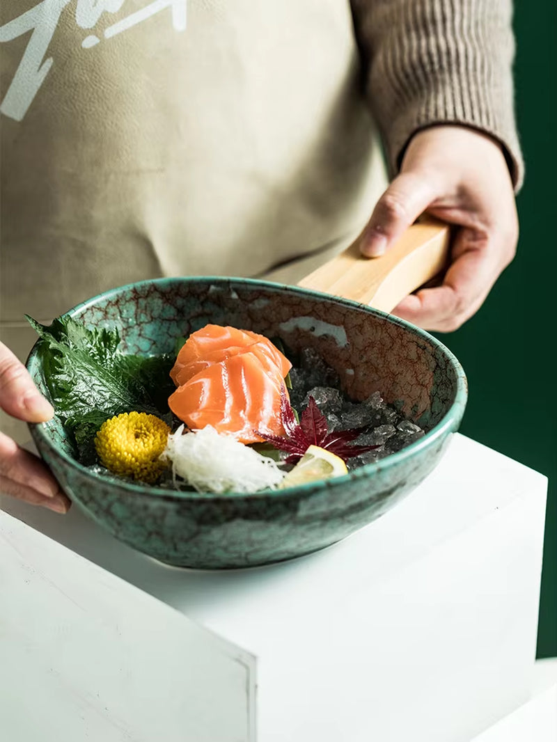 Ceramic Sushi Plate Steak Plates Deep Square Bowl Shallow Dish Restaurant Serving Trays with Wooden Handle