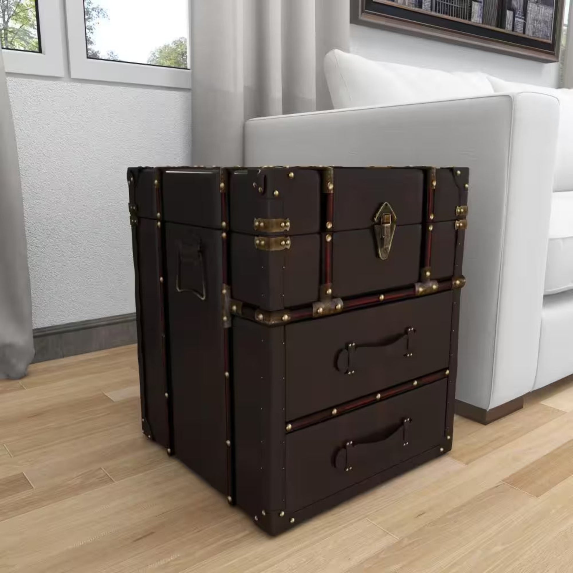 18 In. W Dark Brown Faux Leather Vintage Faux Leather 2 Drawer Cabinet with Buckle Hinged Top