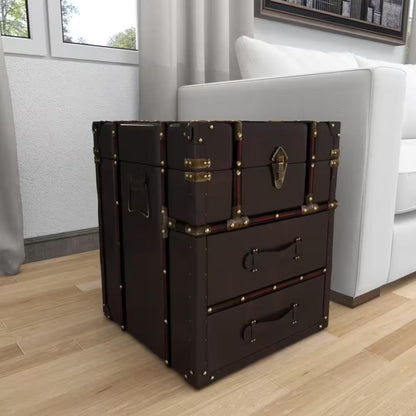 18 In. W Dark Brown Faux Leather Vintage Faux Leather 2 Drawer Cabinet with Buckle Hinged Top