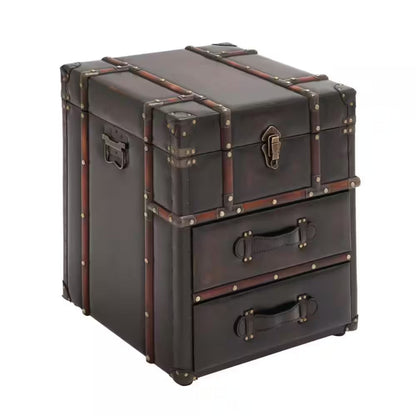 18 In. W Dark Brown Faux Leather Vintage Faux Leather 2 Drawer Cabinet with Buckle Hinged Top