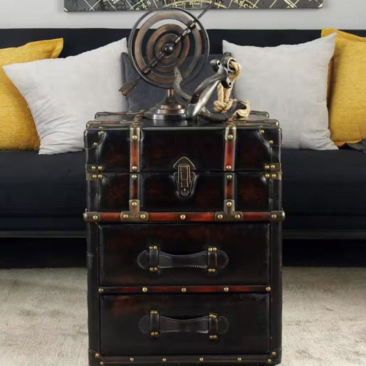 18 In. W Dark Brown Faux Leather Vintage Faux Leather 2 Drawer Cabinet with Buckle Hinged Top