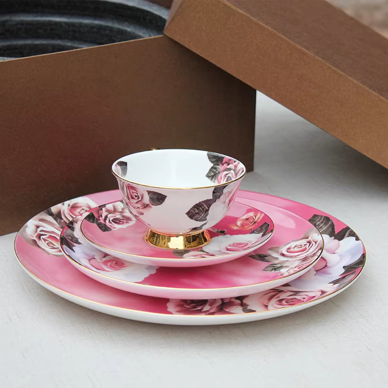 4 Pcs Dinner Set Wholesale Flower Decal Tableware Bone China Dinner Set for Wedding