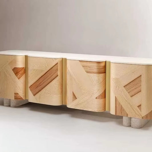 Italian Modern Solid Wood Console Cabinet – Marble Top Designer Sideboard for Living & Dining