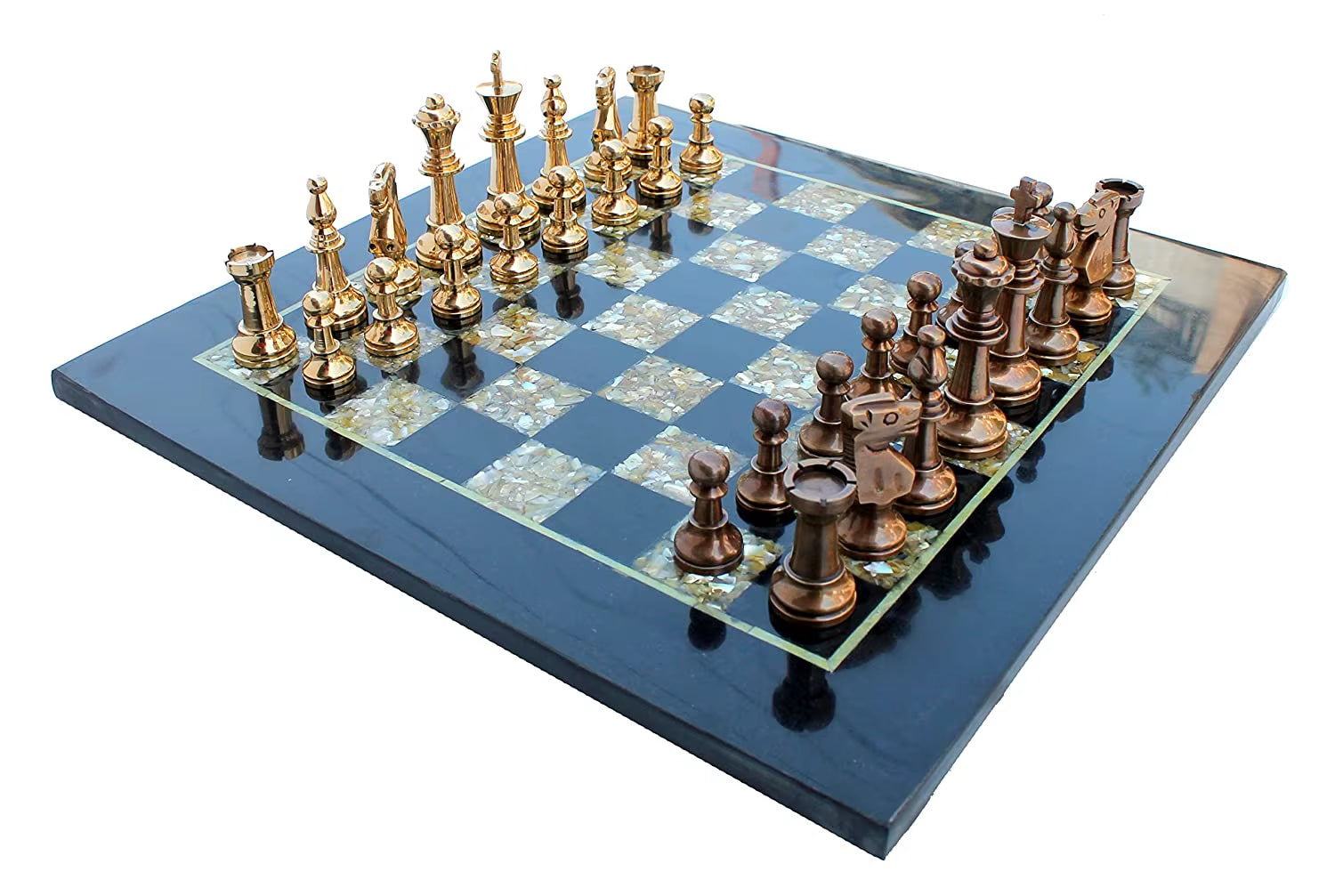 Chess Game Board Set - Made with Black Marble, Mother of Pearl & Brass Pieces (15" X 15")