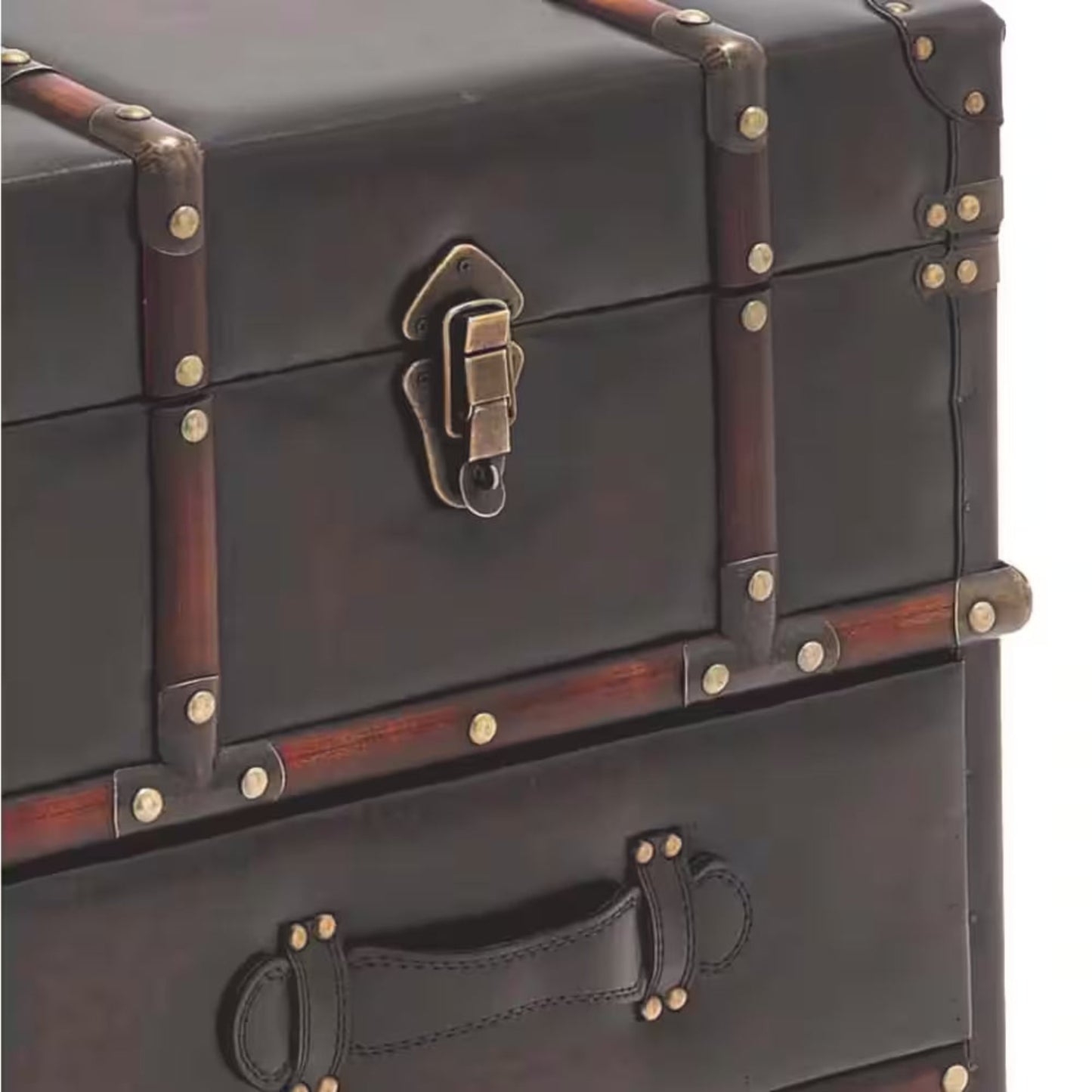 18 In. W Dark Brown Faux Leather Vintage Faux Leather 2 Drawer Cabinet with Buckle Hinged Top