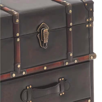 18 In. W Dark Brown Faux Leather Vintage Faux Leather 2 Drawer Cabinet with Buckle Hinged Top