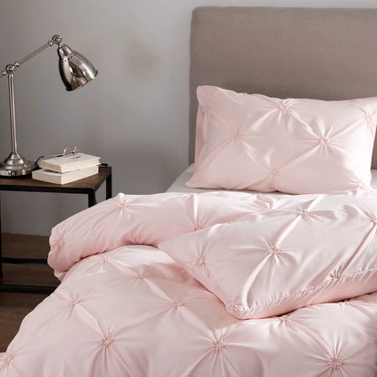 Bohemian Comfy Bedding Set 3Pcs Pinch Pleat Comforter Set All Season Pintuck Style Floral Embroidery Duvet Cover Set