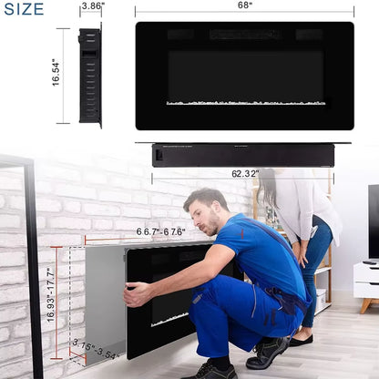 68 Inch LED 3D 5 Flame Brightness Ceramic Space Infrared Wall Recessed Electric Fireplace Heater