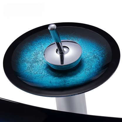 Sleek Boat-Shaped Tempered Glass Sink Set – Blue Countertop Bathroom Lavabo with Waterfall Faucet