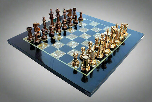 Chess Game Board Set - Made with Black Marble, Mother of Pearl & Brass Pieces (15" X 15")