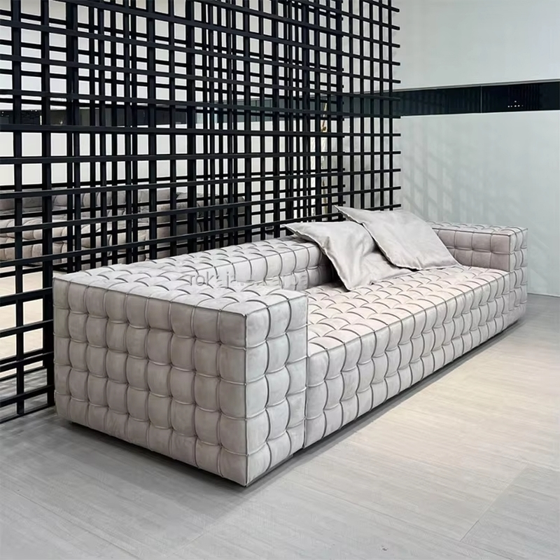 Modern Checkerboard Sofa Set – Luxurious I-Shape Couch with Frosted Fabric or Leather Options