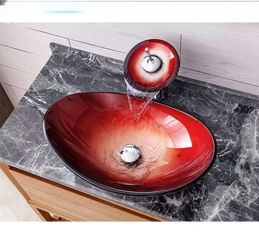 Sleek Boat-Shaped Tempered Glass Sink Set – Blue Countertop Bathroom Lavabo with Waterfall Faucet