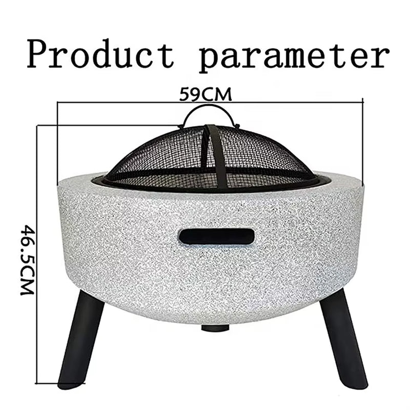3 in 1 Marble Outdoor Fire Bowl Concrete round Wood Burning Fire Pit with Barbecue Grill Grate