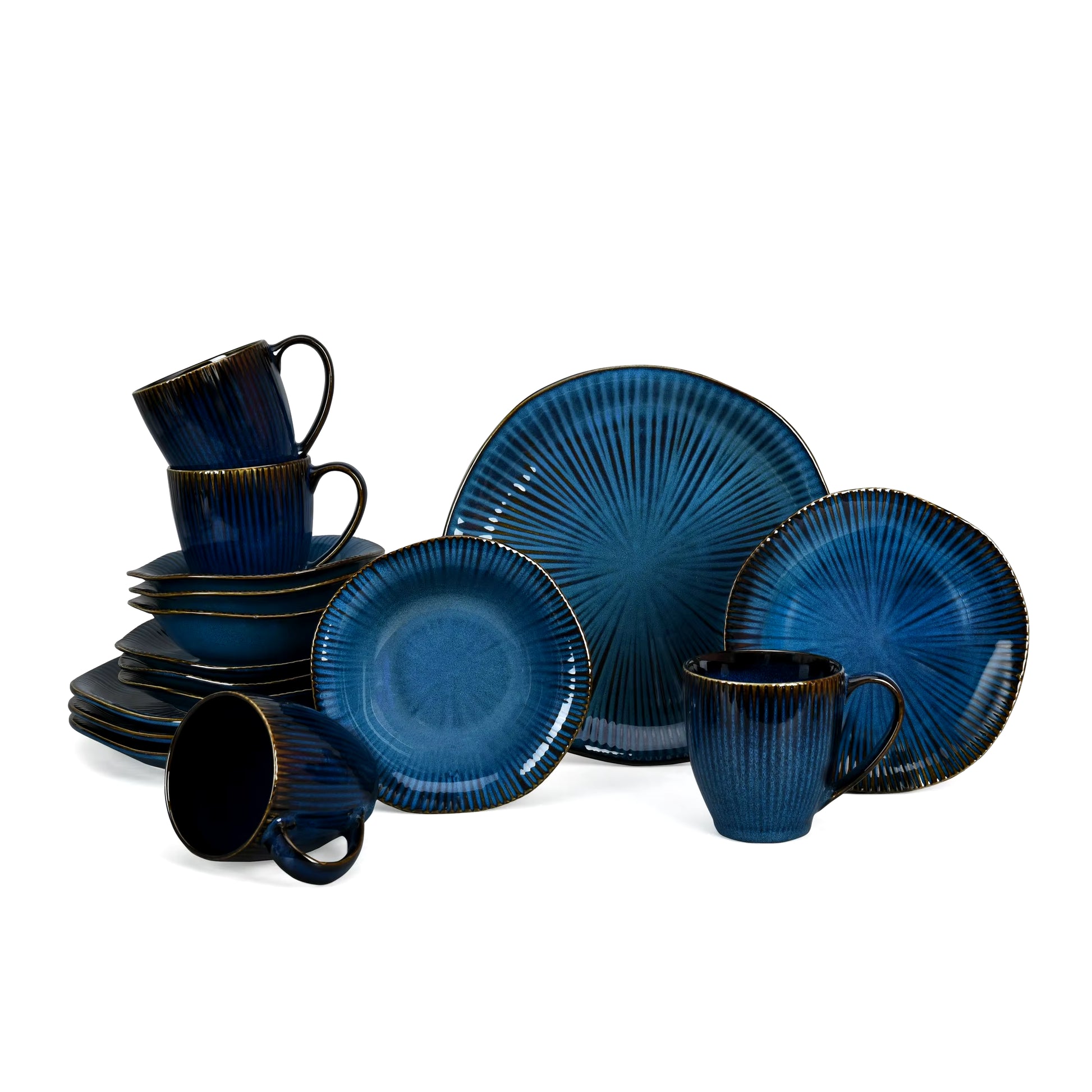 16Pcs Retro Blue Glaze Japanese Style Stoneware New round Dinner Plate Bowl Tableware Sets Blue Glaze Service Dinnerware Set