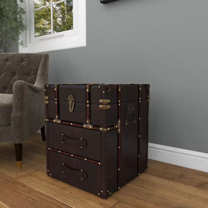 18 In. W Dark Brown Faux Leather Vintage Faux Leather 2 Drawer Cabinet with Buckle Hinged Top