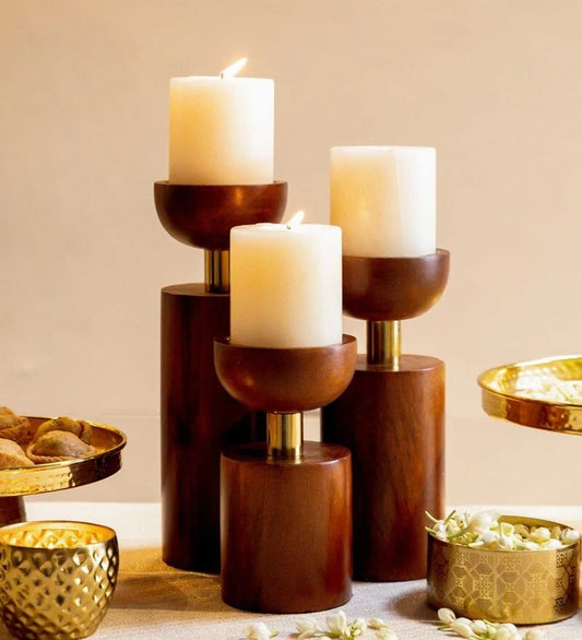 Trinity Timber | Modern Wooden Candle Holder Set of 3 – Sculpted Elegance for Timeless Décor