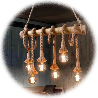 RusticGlow | Vintage Hemp Rope & Bamboo Chandelier – Industrial Hanging Light Fixture