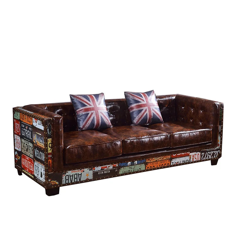 The Heritage Lounge | Vintage Chesterfield Sectional Sofa in Leather & Wood - chocolate -brown