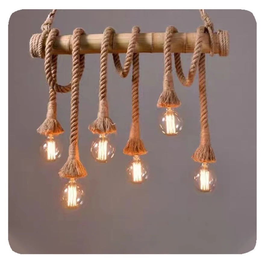 RusticGlow | Vintage Hemp Rope & Bamboo Chandelier – Industrial Hanging Light Fixture