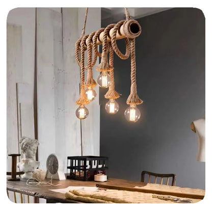 RusticGlow | Vintage Hemp Rope & Bamboo Chandelier – Industrial Hanging Light Fixture
