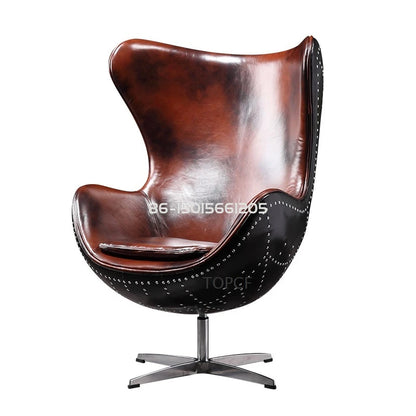 Swivel Cowhide Leather Aviation Lounge Chair – Retro Egg Chair with Fiberglass Stand - Multi colors