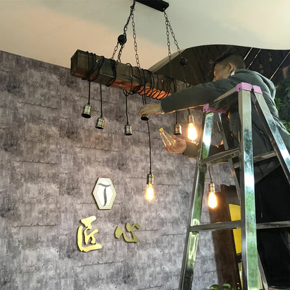 Ironwood Grandeur | Industrial Vintage Chandelier – Rustic Iron & Wood Pendant Light"