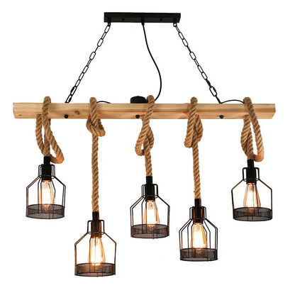 RusticGlow | 5-Light Farmhouse Cage Chandelier – Vintage Wood & Hemp Rope Pendant