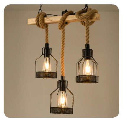 RusticGlow | 5-Light Farmhouse Cage Chandelier – Vintage Wood & Hemp Rope Pendant