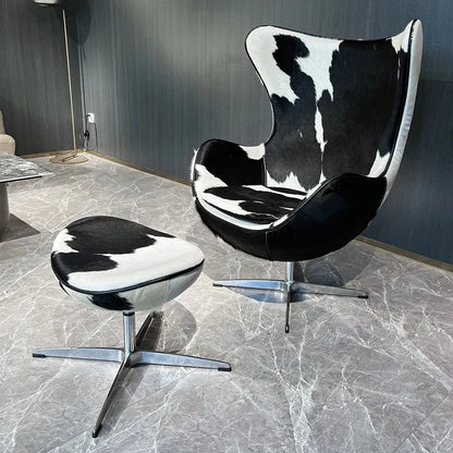Swivel Cowhide Leather Aviation Lounge Chair – Retro Egg Chair with Footstool