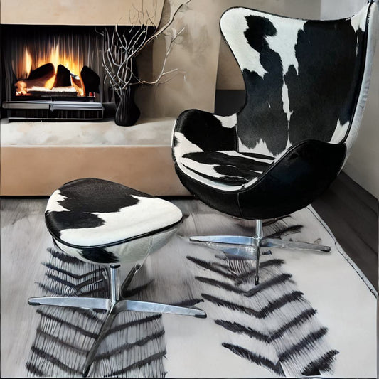 Swivel Cowhide Leather Aviation Lounge Chair – Retro Egg Chair with Footstool
