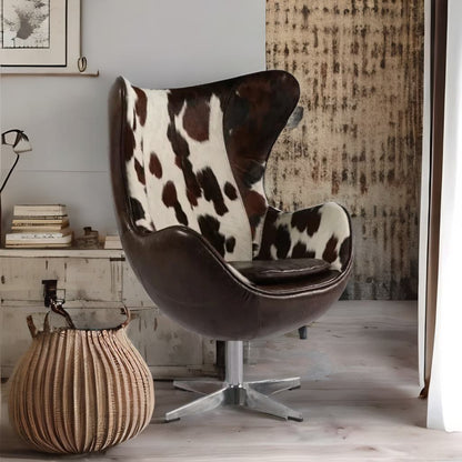 Swivel Cowhide Leather Aviation Lounge Chair – Retro Egg Chair with Fiberglass Stand - Multi colors